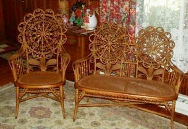 Victorian Heywood-Wakefield rattan wicker set with flower motif in backs.