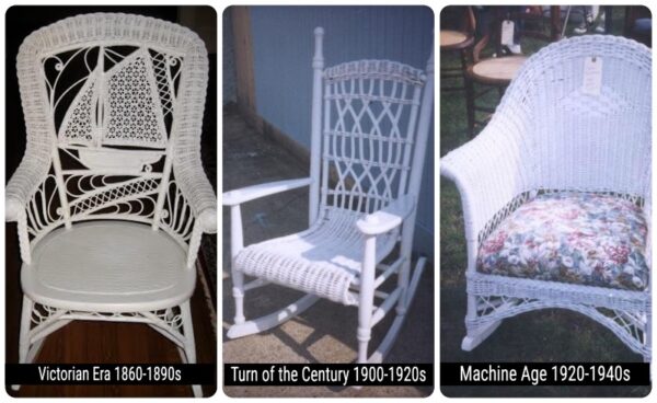 Wicker furniture collage showing wicker rockers from the Victorian era, Turn of the Century era, and the Machine Age era. 