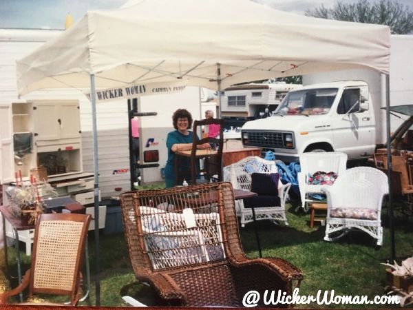 Cathryn Peters caning demo at wicker booth in Oronoco, MN antique show 1991.