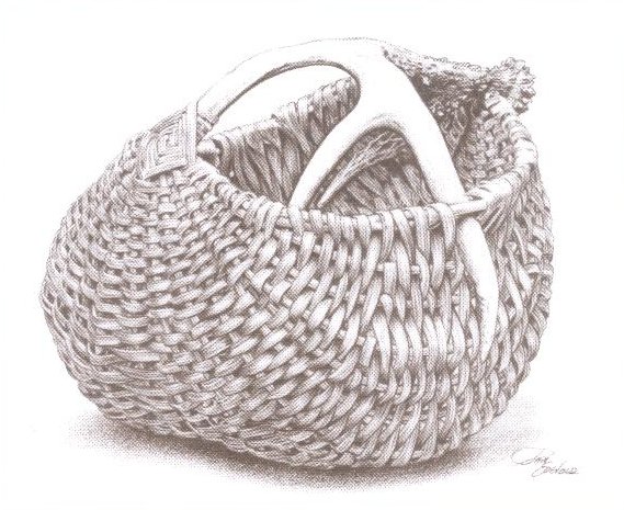 Line drawing of "First Attempt", first antler basket woven by Cathryn Peters ©1990