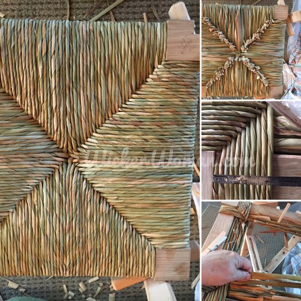 Cattail leaf rush collage showing a four various images of the weaving process.