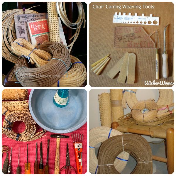 Collage of cane and basket raw materials, supplies, books and tools.