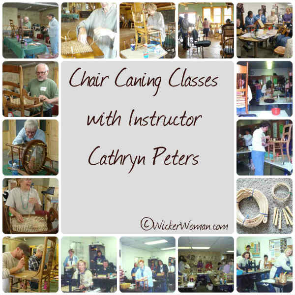 Instructor Cathryn Peters helps students learn the basics of chair seat weaving