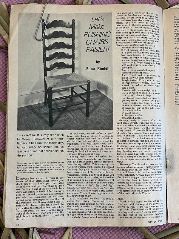 Magazine article from 1968, on how to weave a paper rush chair seat by Edna Riedell.