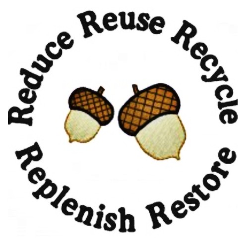 Circle image with acorns in the center and these words around the perimeter; Reduce, Reuse, Recycle, Replenish, and Restore, all things we do in the National Furniture Repair Directory™ business listings.