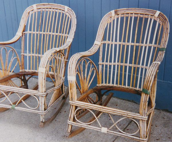 Pair of stick wicker rattan rockers after repairs. 