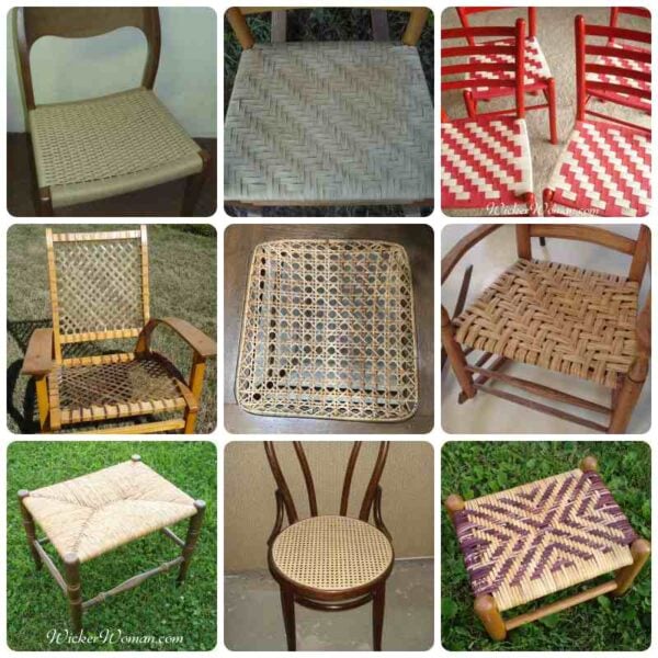 A collage showing various chair seat weaving techniques, designs, and materials.  