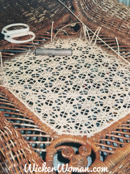 Star of David Cane weaving process in Victorian wicker rocker back is almost finished!